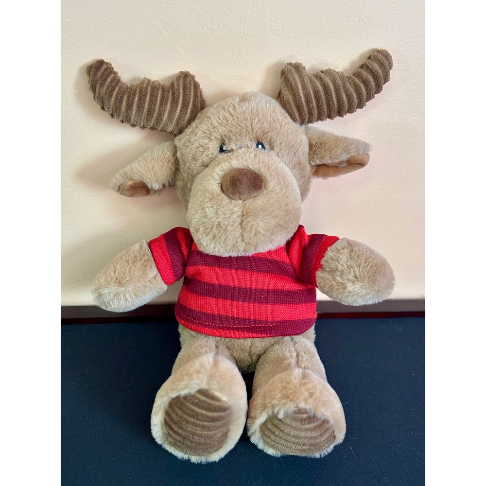 Spark Create Imagine Plush Moose Rattle Tan Soft Toy Red Striped Sweater 10 inch